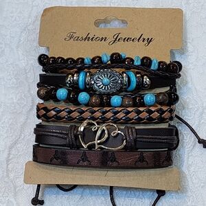 6 Stackable Western Cowboy Style Beaded Adjustable Bracelets-Unisex